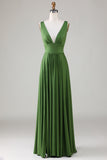 Olive Deep V-neck sin mangas vestido de dama de honor largo