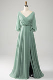 Vestido de dama de honor de gasa largo con mangas de murciélago matcha con abertura