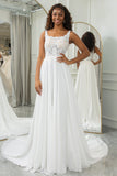 Vestido de novia de gasa boho con cuello redondo marfil y encaje