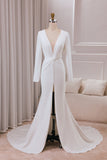 Vestido de novia sirena de crepé de manga larga con escote en V profundo marfil con abertura frontal