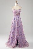 Vestido largo de fiesta con tirantes finos de una línea A de color púrpura claro con apliques
