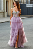 Vestido de fiesta malva malva con corsé largo de tul de línea A con apliques