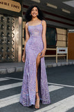 Elegante vestido de fiesta largo de sirena con tirantes de espagueti lila con abertura