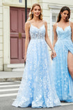 Magnífico vestido de fiesta con corsé azul cielo con correas de espagueti de una línea con apliques