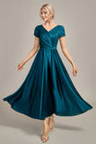 Vestido plisado de la madre de la novia de la madre de la novia de satén verde pavo real con escote en V