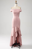 Vestido rosa de sirena con volantes de la madre de la novia