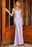 Elegante vestido de fiesta de corsé lila de sirena con apliques de encaje