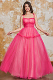 Princess A Line Spaghetti Straps Fuchsia Vestido Largo De Graduación Con Volantes