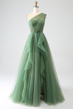 Vestido de fiesta largo de tul verde oscuro de un solo hombro