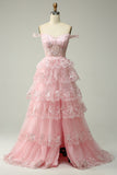 Vestido de fiesta largo rosa con hombros descubiertos y apliques