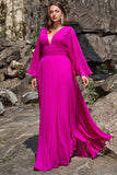 Fucsia Gasa Plus Size A Line Profundo Cuello en V Vestido Formal