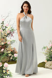 Simple gris halter vestido de dama de honor largo con hendidura