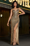 Vestido de fiesta con flecos largos dorados de sirena brillante con abertura