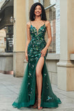 Impresionante vestido de fiesta largo de sirena con tirantes de espagueti verde oscuro con apliques