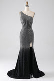 Vestido de fiesta con corsé de un hombro de sirena negro brillante