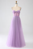 Vestido de fiesta largo con correas de espagueti lila de una línea