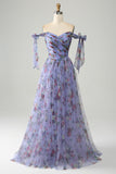 Vestido de fiesta largo con tirantes ajustables estampados en lavanda de una línea