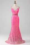 Vestido de fiesta de sirena con purpurina de tirantes de espagueti rosa intenso con cintura de abalorios