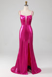 Vestido de fiesta simple de sirena rosa brillante con abertura
