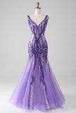 Vestido largo de fiesta de lentejuelas con cuello en V de sirena púrpura brillante