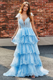 Vestido de fiesta de lentejuelas con correas de pajarita de tul escalonado con apliques