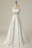 Vestido de novia largo de satén blanco con escote cuadrado y sencilla línea A