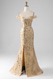 Sirena Off The Shoulder Vestido de fiesta dorado con cuentas largas con abertura