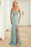 Vestido de fiesta largo verde con tirantes finos de sirena