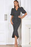 Negro Vestido formal fruncido con cuello V y lunares ajustados