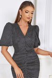 Negro Vestido formal fruncido con cuello V y lunares ajustados