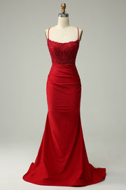 Vestido de Graduación Sirena Halter Rojo Oscuro con Apliques