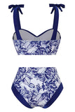 Estampado de cintura alta azul oscuro 3 piezas conjunto de trajes de baño con vestido de playa