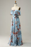 Vestido de dama de honor largo de gasa floral azul oscuro