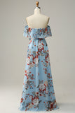 Vestido de dama de honor largo de gasa floral azul oscuro