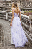 Vestido Largo de Dama de Honor en Flor de Lavanda, Tipo A con Tirantes Finos y Abertura