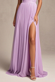 Vestido de fiesta plisado plisado sin tirantes lavanda con abertura