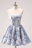 Vestido de fiesta corto azul corte en A con corsé y escote corazón