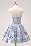 Vestido de fiesta corto azul corte en A con corsé y escote corazón