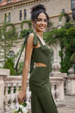 Oliva Vestido De Dama De Honor Largo Linea A Con Tirantes Finos Y Abertura