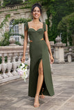 Oliva Vestido De Dama De Honor Largo Linea A Con Tirantes Finos Y Abertura
