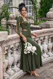 Oliva Vestido De Dama De Honor Largo Linea A Con Tirantes Finos Y Abertura