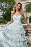Verde Grisáceo Vestido Largo De Dama de Honor Linea A Con Tirantes Finos Y Volantes