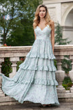 Verde Grisáceo Vestido Largo De Dama de Honor Linea A Con Tirantes Finos Y Volantes