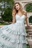 Verde Grisáceo Vestido Largo De Dama de Honor Linea A Con Tirantes Finos Y Volantes