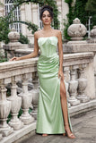 Verde Vestido De Dama De Honor Largo Tipo Corsé Con Abertura Y Sin Tirantes