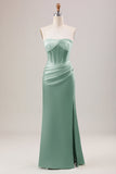 Verde Vestido De Dama De Honor Largo Tipo Corsé Con Abertura Y Sin Tirantes