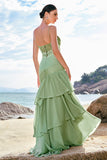 Vestido de dama de honor largo con volantes y volantes de gasa floral sirena verde con encaje