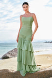 Vestido de dama de honor largo con volantes y volantes de gasa floral sirena verde con encaje