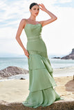 Vestido de dama de honor largo con volantes y volantes de gasa floral sirena verde con encaje