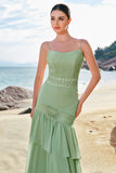 Vestido de dama de honor largo con volantes y volantes de gasa floral sirena verde con encaje
